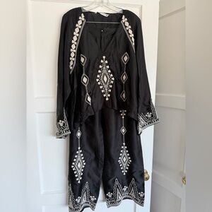 Zara Elegant Black Top with White Embroidery with matching pants